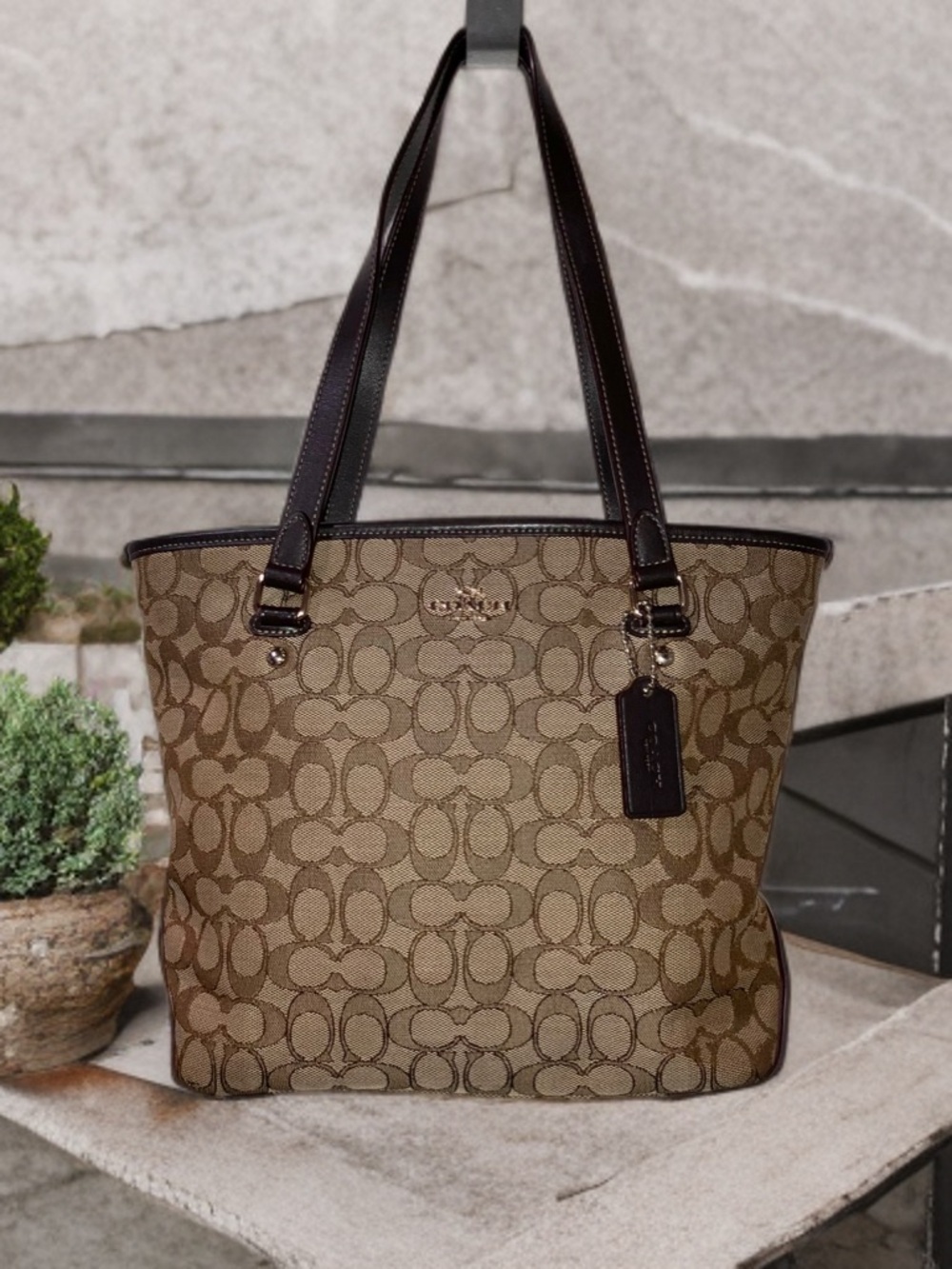 COACH Signature City Tote Bag Logo Canvas Medium Size Brown Tan K1857-F58282